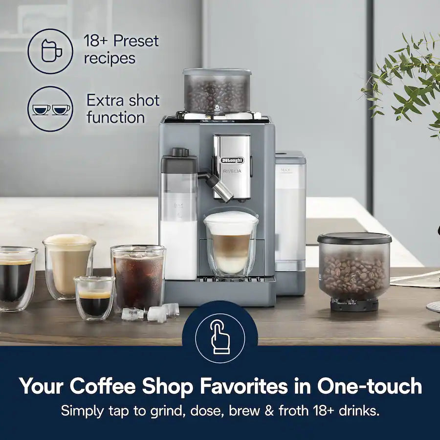 De'Longhi - Rivelia Fully Automatic Espresso Machine, Integrated Grinder, 2 Removable Bean Hoppers, Automatic Milk Frother - Pebble Gray