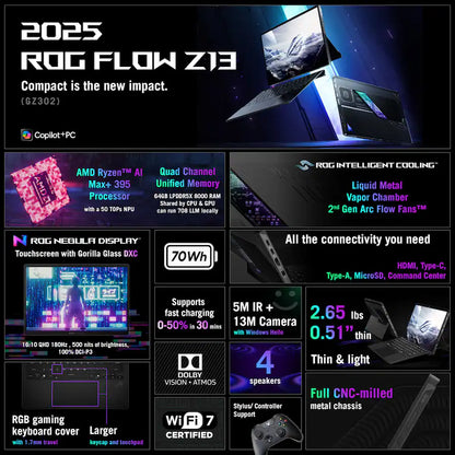 ASUS - ROG Flow Z13 13.4" 2.5K 180Hz Touch-Screen Gaming Laptop - Copilot+ PC - AMD Ryzen AI Max+ 395 - 64GB RAM - 1TB SSD - Off Black